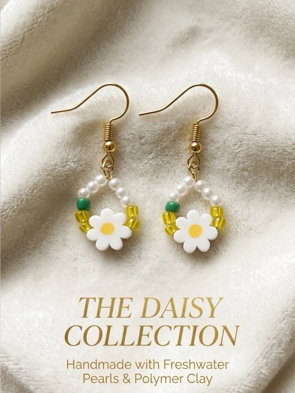 ❤️ Beautiful Handmade Daisy Pearl Drop Earrings - White & Yellow